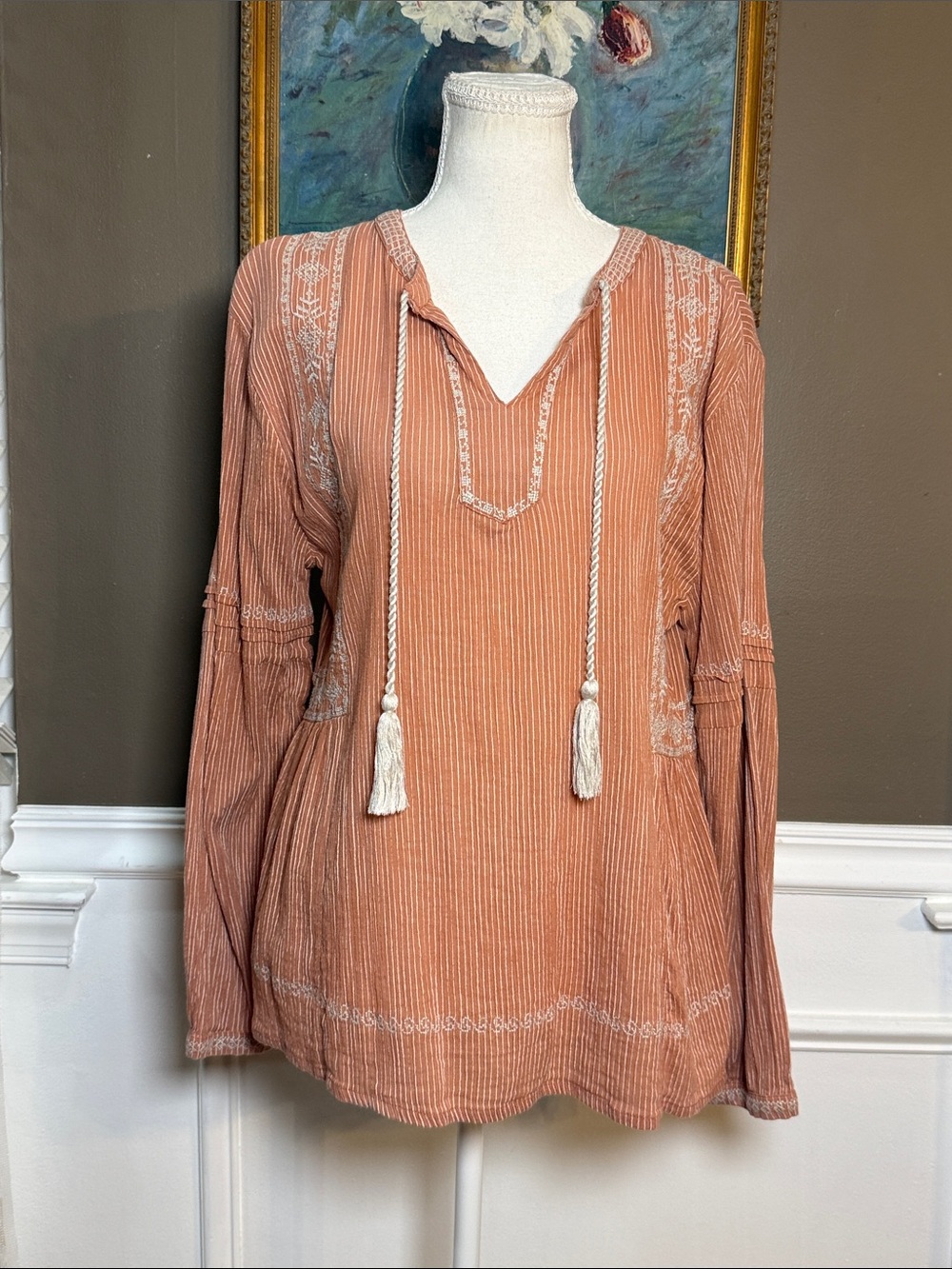 Garnet Hill Rust Orange Embroidered Gauze Boho Blouse Size 10
